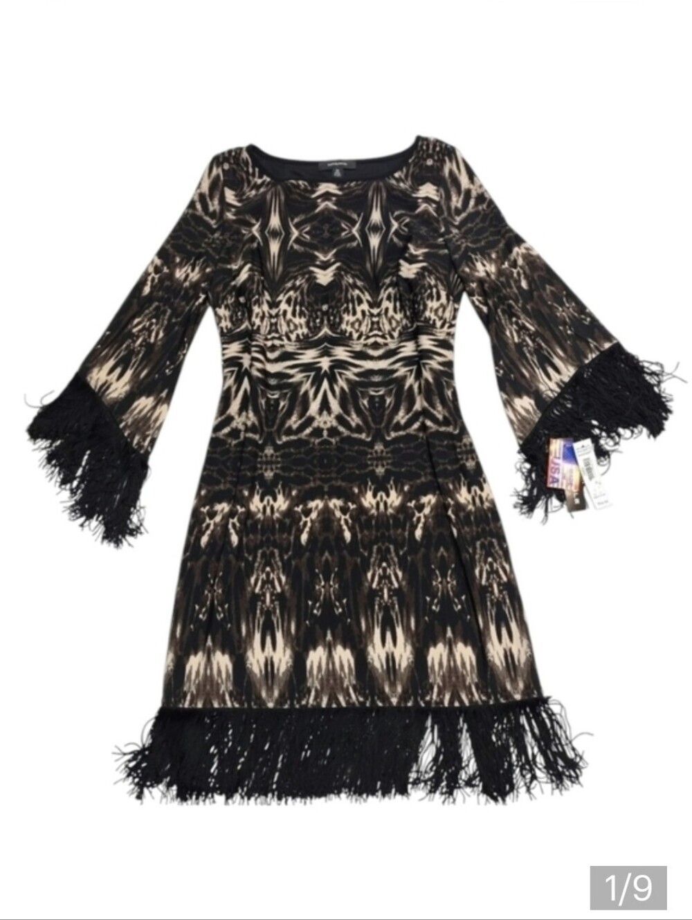 R&M Richards Black Brown White Fringe Dress Size 10 NWT